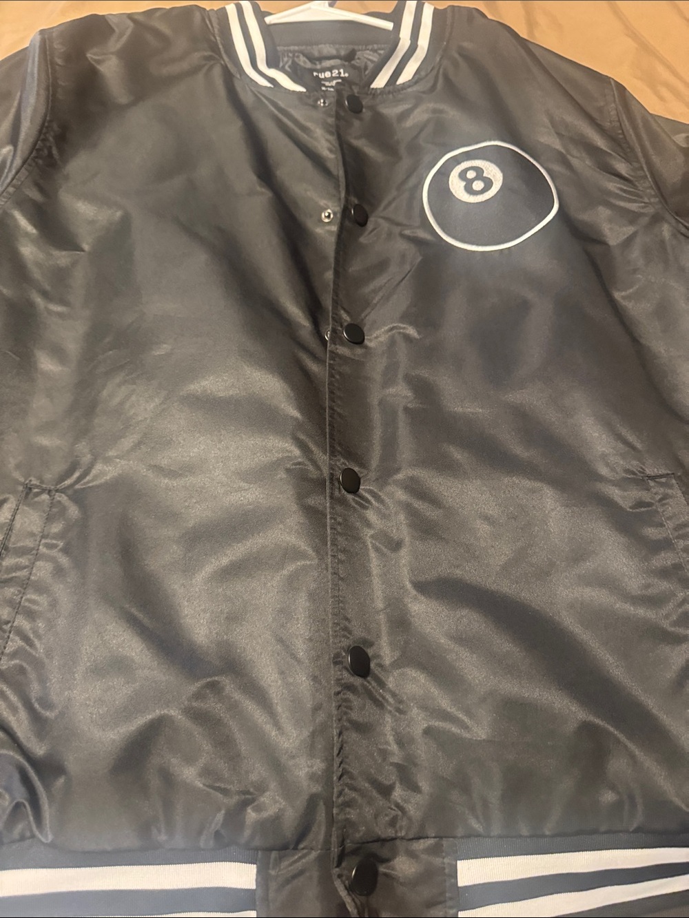 Rue21 Black Satin Varsity Jacket with 8-Ball Patch